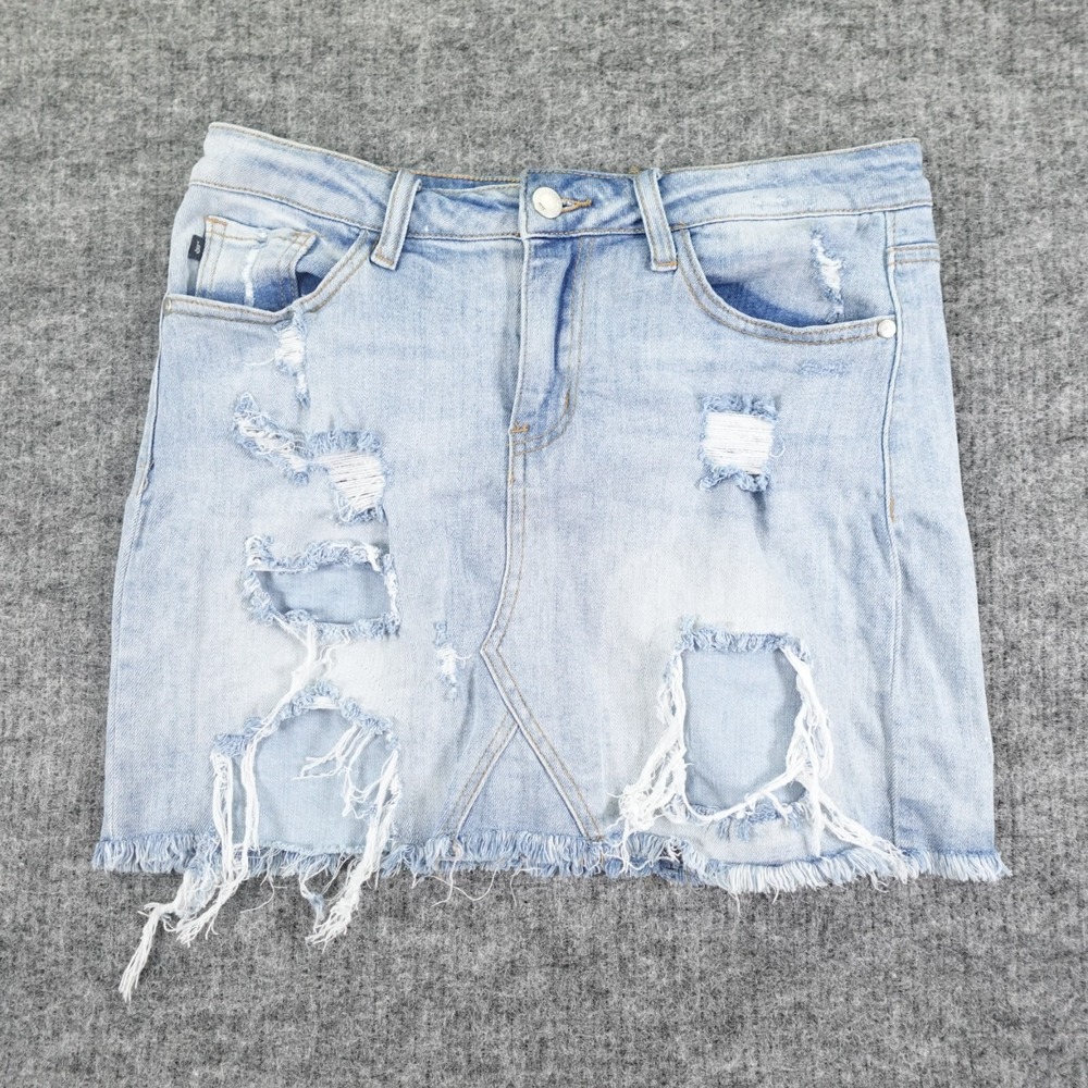 Judy Blue Skirt‎ Womens Medium Blue Denim Distressed Light wash Raw Hem